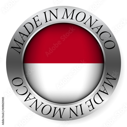 Made in Monaco button icon. Circular emblem with metallic border, glossy central flag, and bilingual label indicating product origin and international manufacturing identity.