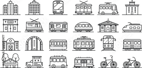 Collection of City Icons Representing Transportation and Urban Infrastructure in Black and White Vector Illustration