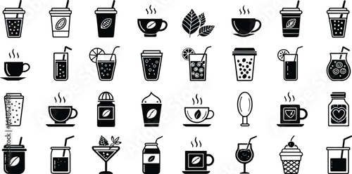 Collection of Black and White Drink Icons for Menus and Graphic Design Projects Vector Illustration