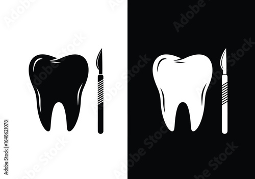A stark graphic illustration featuring a tooth and a scalpel, presented in both black on white and white on black contrast.