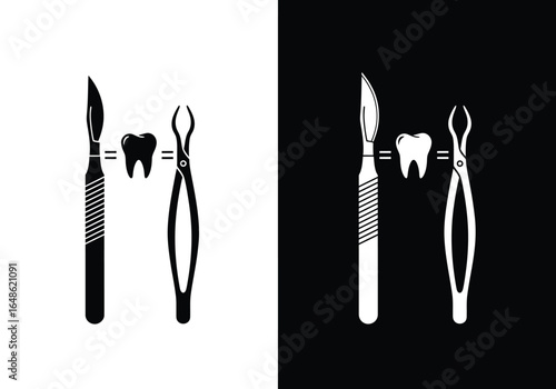 Black and white illustration of dental tools and a tooth, representing oral surgery.