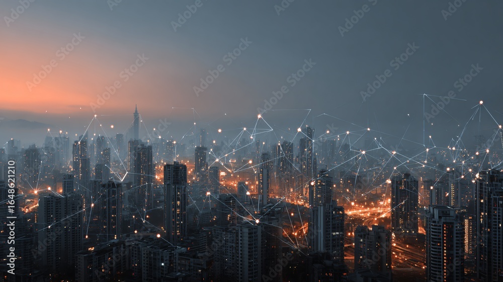 Fototapeta premium Modern smart city skyline at night with glowing lights digital network futuristic technology urban development innovation business growth concept