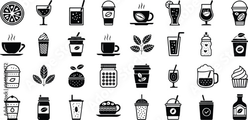 Black and White Drink and Food Icons Seamless Pattern Beverages and Dessert Elements for Menu Design