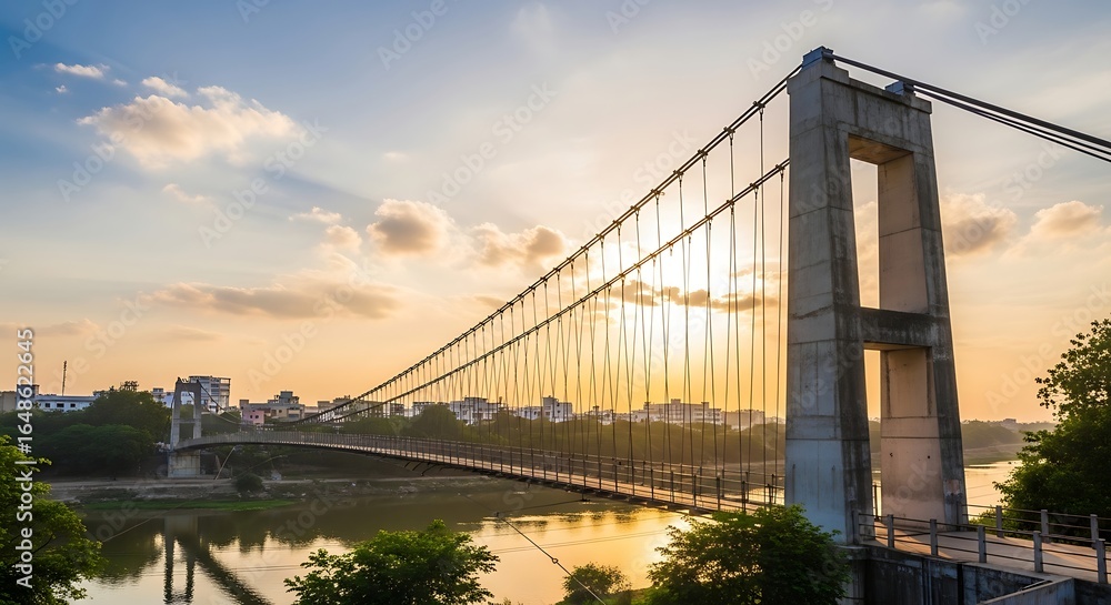 Fototapeta premium A majestic suspension bridge stretches across the waterway, illuminated by the soft hues of sunset