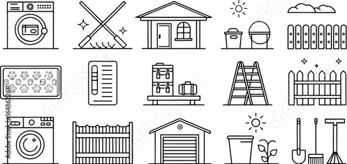 Variety of Home and Garden Icons in Black and White Line Art Style Depicting Everyday Tasks and Outdoor Elements