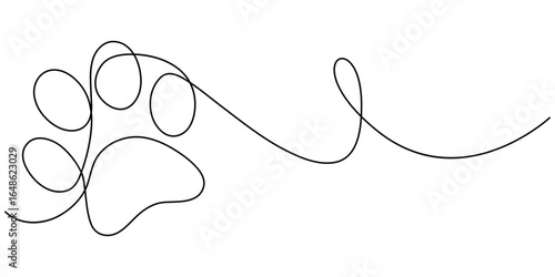 Continuous one line drawing of a animal paw pad, One line drawing of a dog paw print in minimalist vector outline style, isolated on white background. 