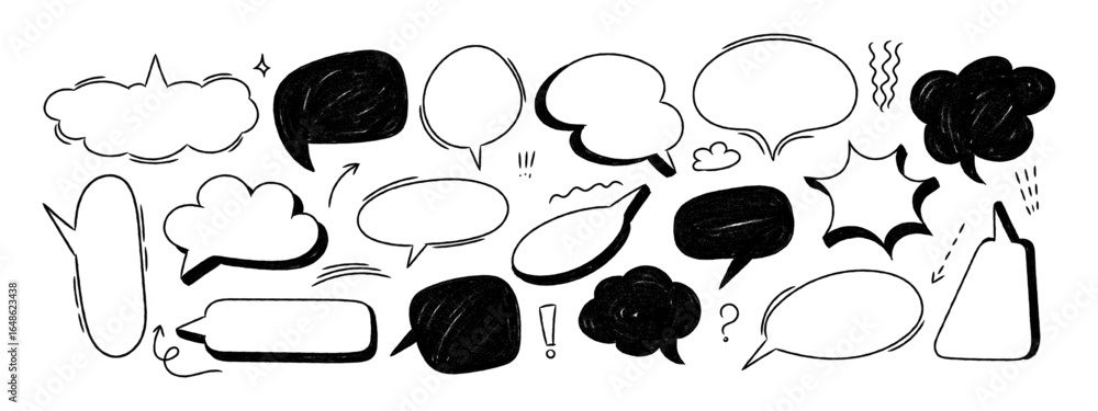 Fototapeta premium Hand drawn crayon speech balloon set with colorful rough texture. Cartoon comic talk bubbles in doodle style. Vector dialog frames.