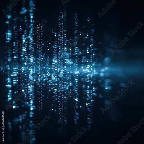 Abstract digital data stream, light blue text on dark background