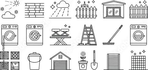 Household chores and outdoor maintenance monochrome icons representing cleaning and home improvement tasks in minimalist design style collection