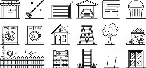 Household Chores and Outdoor Activities Line Icons Illustration Vector Design Collection featuring Cleaning Washing Gardening and Home Improvement Elements
