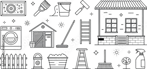 Home Improvement and Cleaning Vector Icons Set Featuring Tools and Appliances for Household Chores and Maintenance