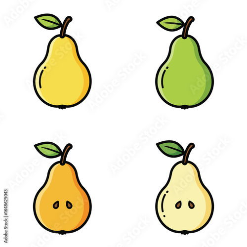 Four colorful pears with leaves on a white background