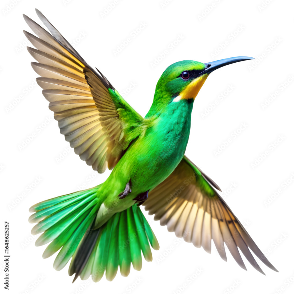 Fototapeta premium spectacular flight of a vivid green bird on white