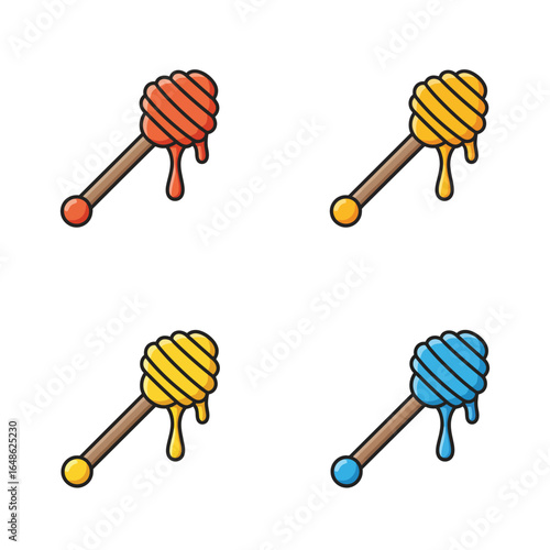 Colorful honey dipper icons with dripping honey in different hues