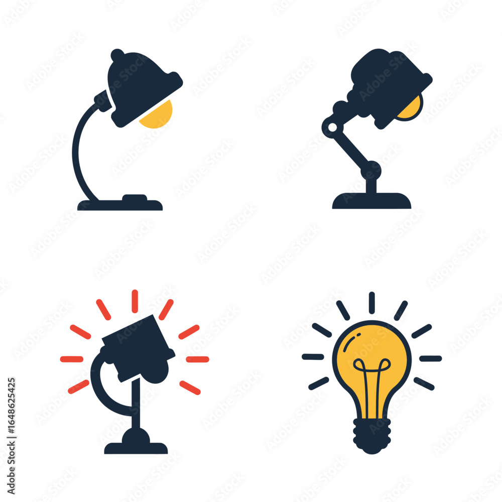 Collection of desk lamps and light bulb icons in various styles and positions Collection of desk lamps and light bulb icons in various styles and positions