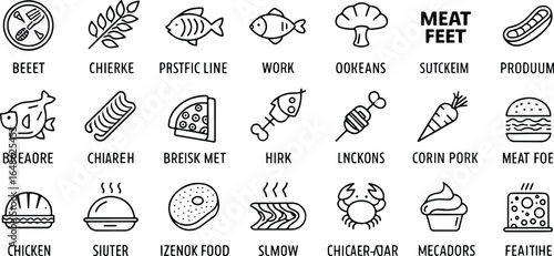 Collection of Minimalist Food Icons Representing Diverse Culinary Items and Ingredients in Vector Format for Design and Illustration