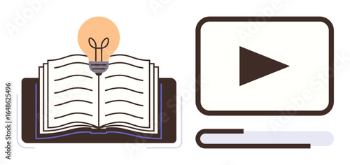 Open book with a lightbulb symbolizing knowledge, next to a video player. Ideal for education, e-learning, innovation, creativity, training, digital content and blended learning. A simple flat