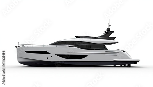 Modern, sleek motor yacht rendered in a  setting.
