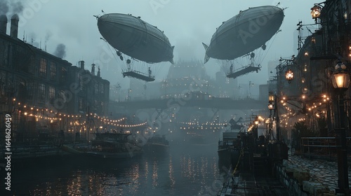 Steampunk airships float above the canals in a gritty industrial city on transparent background