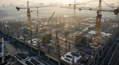 Aerial View of a Vast Construction Site with Towering Cranes and Workers Amidst Hazy Morning Light