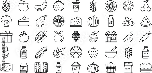 Collection of food and health related icons representing diverse dietary choices and nutritional elements in simple black outline style