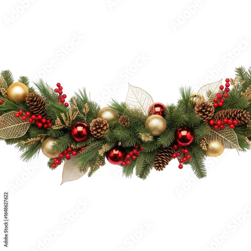 Festive christmas garland with red and gold ornaments, pinecones, berries, and gold leaves, isolated on transparent background