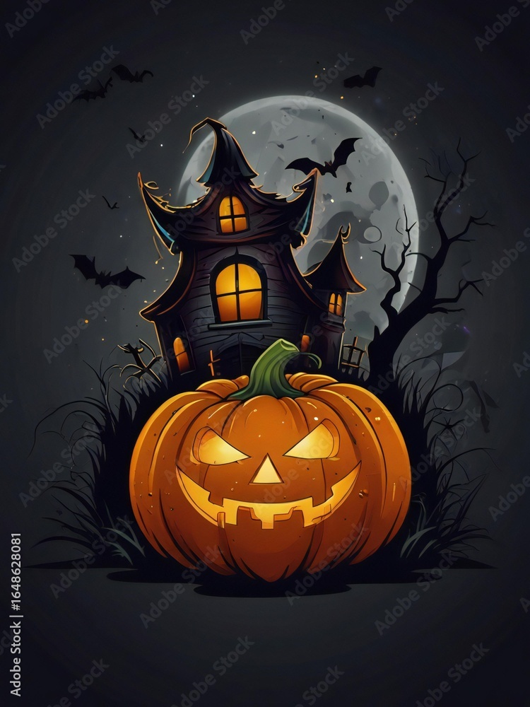 Fototapeta premium Spooky halloween scene with glowing jack o lantern and haunted house under a full moon