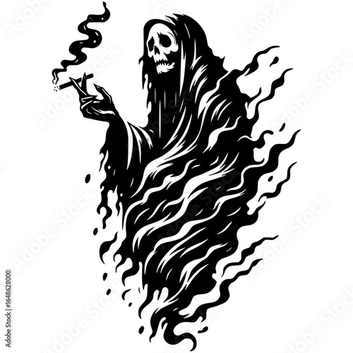 Mysterious Enigmatic Figure: A digitally crafted figure, enshrouded in a shadowy form, gazes out from a realm of darkness, with a cigarette clenched between bony fingers.