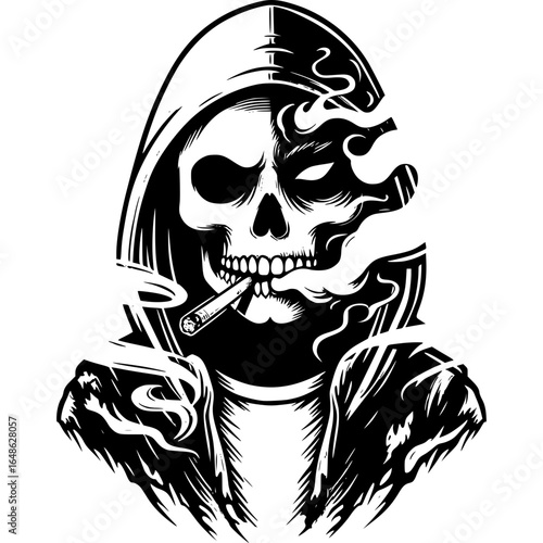 Smoking Skull Artwork: A black and white illustration of a skull wearing a hoodie, exhaling smoke from a cigarette, capturing a mysterious and edgy artistic statement.