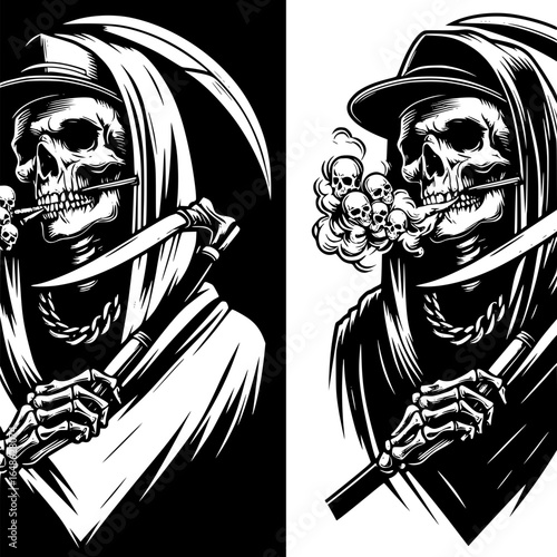Grim Reaper's Embrace: An artistic, monochrome portrayal of the Grim Reaper, a symbolic representation of mortality and the cycle of life, rendered in a striking, illustrative style.