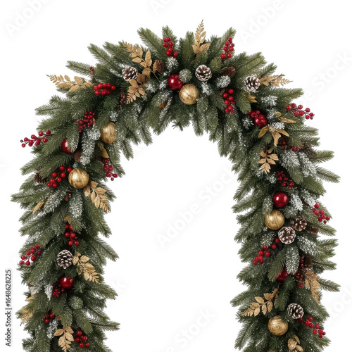 Festive christmas garland with red berries, gold ornaments, pinecones, and frosted pine branches, isolated on transparent background