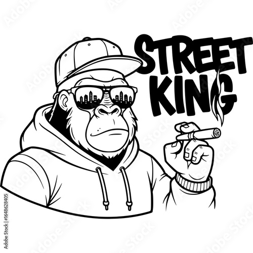Street King Gorilla Illustration: A bold, monochromatic illustration portrays a gorilla with sunglasses and a baseball cap, exhaling smoke while projecting an air of authority. 
