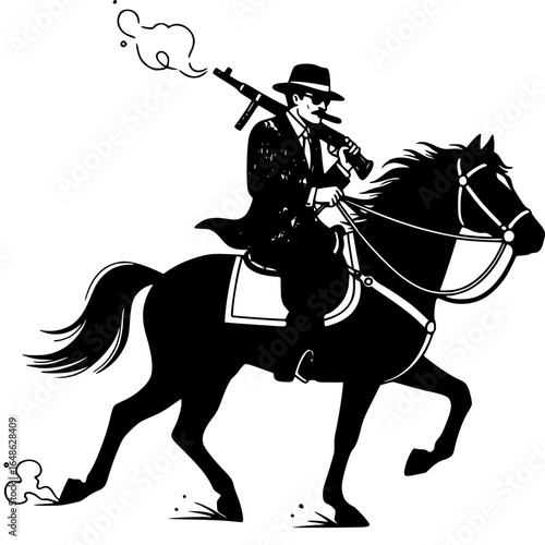 Vintage Outlaw: An evocative vintage illustration of an outlaw, complete with a fedora and firearm, astride a majestic horse. Evoking the mystique and danger of the old west