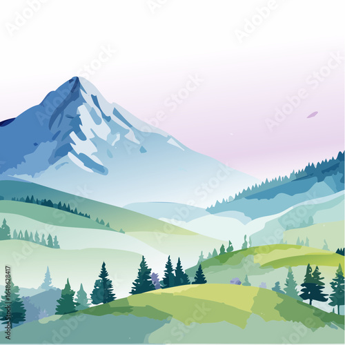 A vector watercolor landscape featuring misty mountains and serene valleys in pastel shades of blue, green, and lavender, with soft brush strokes and subtle gradients, ideal for nature-themed posters.