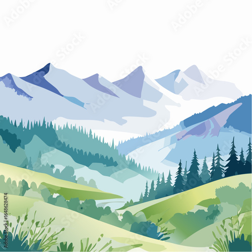 A vector watercolor landscape featuring misty mountains and serene valleys in pastel shades of blue, green, and lavender, with soft brush strokes and subtle gradients, ideal for nature-themed posters.