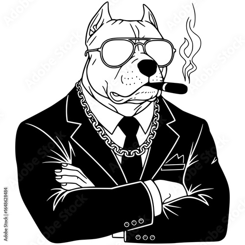 Dapper Dog: A stylized illustration of a cool dog in a sharp suit, complete with a cigar, sunglasses and a chain necklace. The dog's relaxed posture, and confident demeanor.