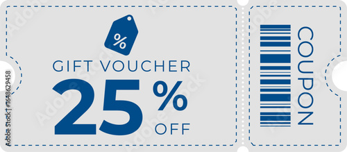Elegant blue and grey gift voucher coupon design with barcode and 25% discount offer. Perfect for sales, promotions, retail marketing, and e-commerce advertising materials.