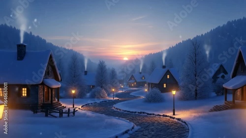 Snowy Village at Sunset: Cozy Winter Scene with Lit Lampposts