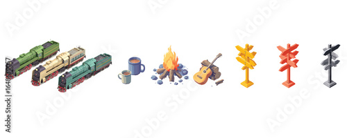 isometric set of trains traffic lights and railway station signs