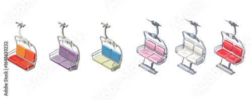 isometric set of colorful cable cars and ski lifts for transport