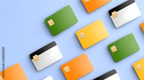 Assortment of colorful credit cards on a blue background