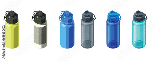 isometric set of colorful water bottles and travel flasks