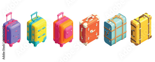 isometric set of colorful travel suitcases and bags with handles