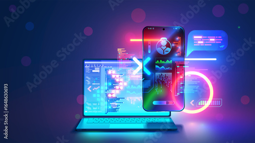 Design mobile app for phone on laptop. Mobile application software development. Website or application design on screen of smartphone connected to laptop with app development environment on screen.