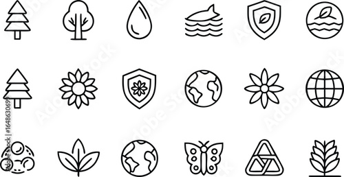 A collection of minimalist line icons representing various elements of nature, environmental protection, and sustainable living, isolated on white background