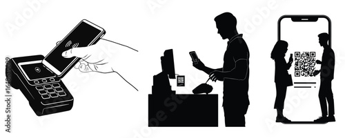 silhouette set of mobile payment and pos terminal transaction