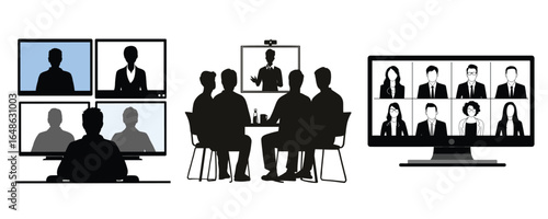 silhouette set of online meeting people and video conference