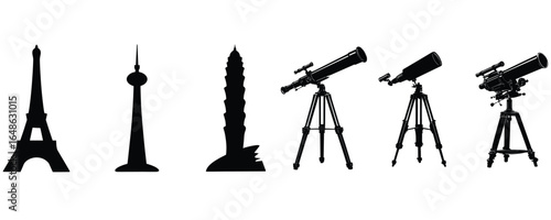 silhouette set of world landmarks and telescopes for travel design