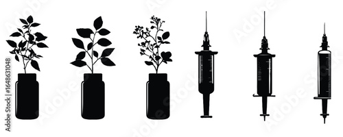 silhouette set of medical syringes and plant research icons