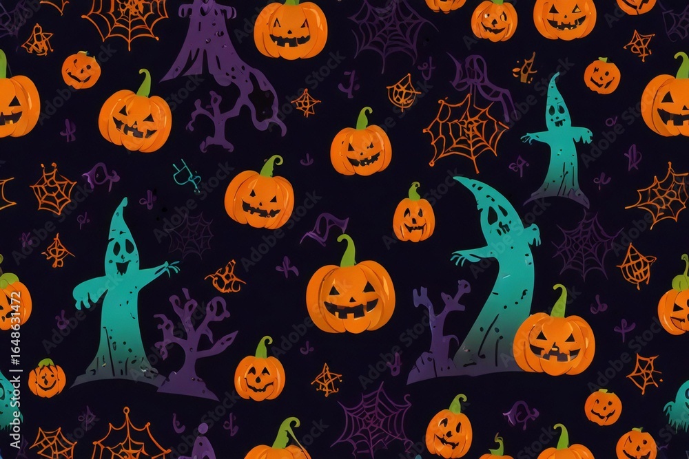 Spooky halloween pattern with glowing jack o lanterns and ghosts Spooky halloween pattern with glowing jack o lanterns and ghosts